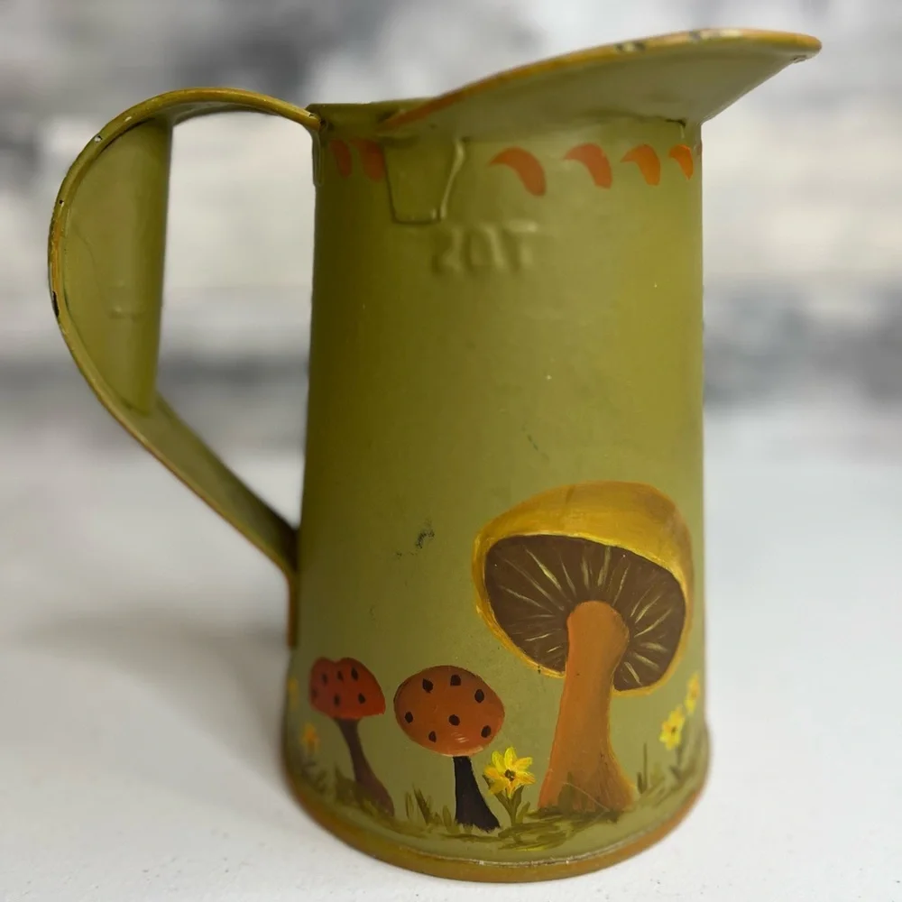 Vintage WWII USN Enamel;Farmhouse 2QT WATER PITCHER Painted With Mushrooms